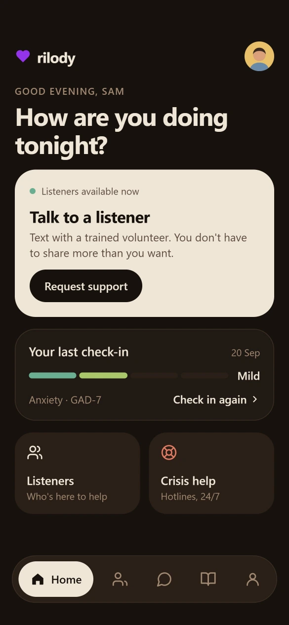 Rilody app in warm night mode, with Talk to a listener and a private check-in